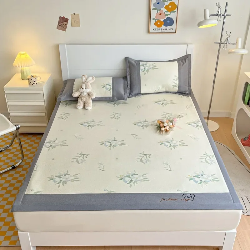 

Summer air-conditioning seat maternal and infant grade mat three-piece set, bed sheet type printed ice rattan mat can be washed