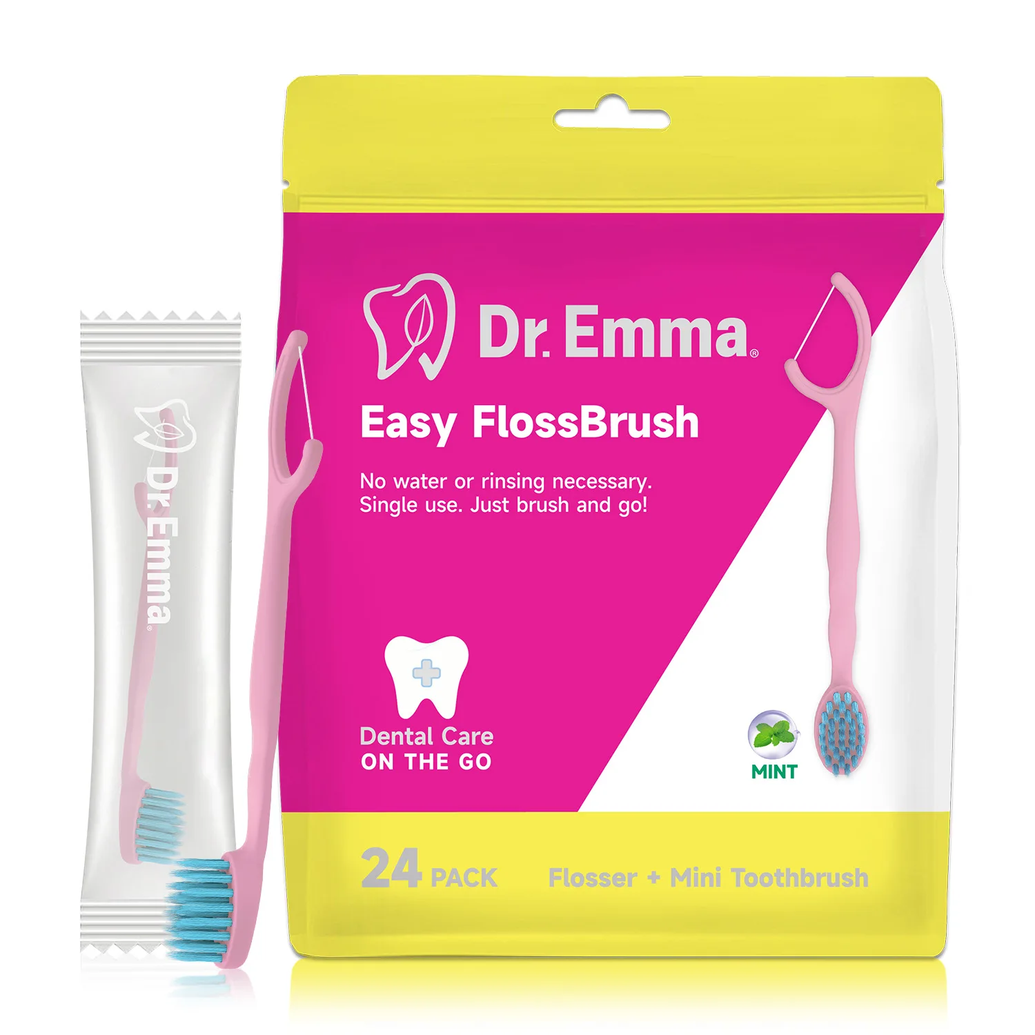Dr. Emma 2-in-1 Travel Toothbrush Set | Disposable Portable Kit with Mini Toothbrush, Flosser & Toothpaste | Mint Fresh Breath,