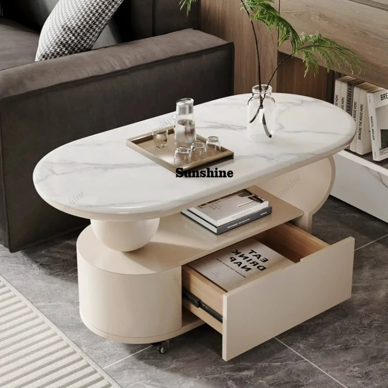 Oval Tea Table Trolley for Living Room-Light Luxury High Quality Rolling Sofa Side Table with Chinese Style