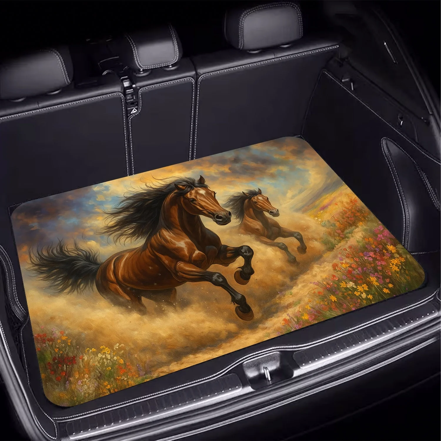 1pc Galloping Horse Grassland Car Trunk Decor, Aesthetic Mat For SUV Sedan, Anti-Slip Travel Protection Interior Accessories, Ke