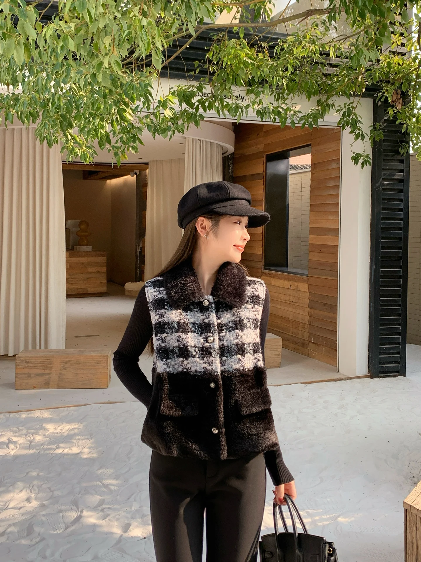 

Warm Furry Women's Vest Outerwear Spring Plaid Sle ort Wool Blend Jaet Comfortable Fit Faionable Chinese Brand