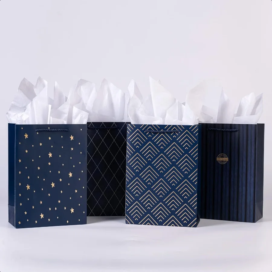 أكياس الهدايا 10 عبوات من أكياس ورق الكرافت باللون الأزرق الداكن مع نجوم من رقائق الذهب مع مقابض كبيرة الحجم لرفقاء العريس هدايا عيد الميلاد 8x4x11inc