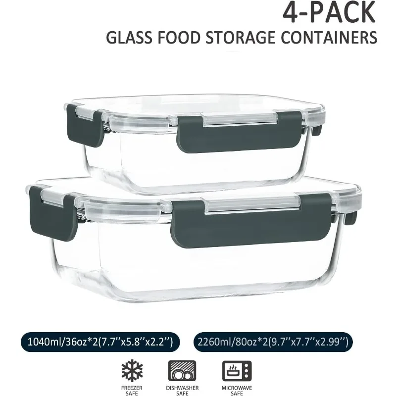 Conservation des aliments en verre extra large 80 oz et 36 oz, cuisson, grand ensemble avec légumes, 2 paquets de 80 oz(10 tasses) et 2 paquets de 36 oz (4.5 tasses)