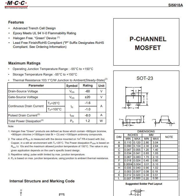 (100 pcs) SI5618A-TP SOT-23 - P-Channel MOSFET -60V -1.6A 160mΩ 1.2W
