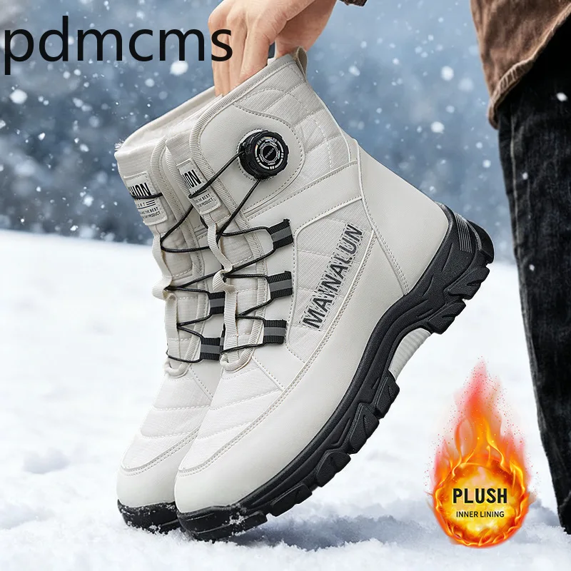 Men Winter Snow Boots Rotary Buckle Plush Lined Waterproof Non-slip Thick Sole Warm Outdoor Hiking Boots for Men Ankle Boots New