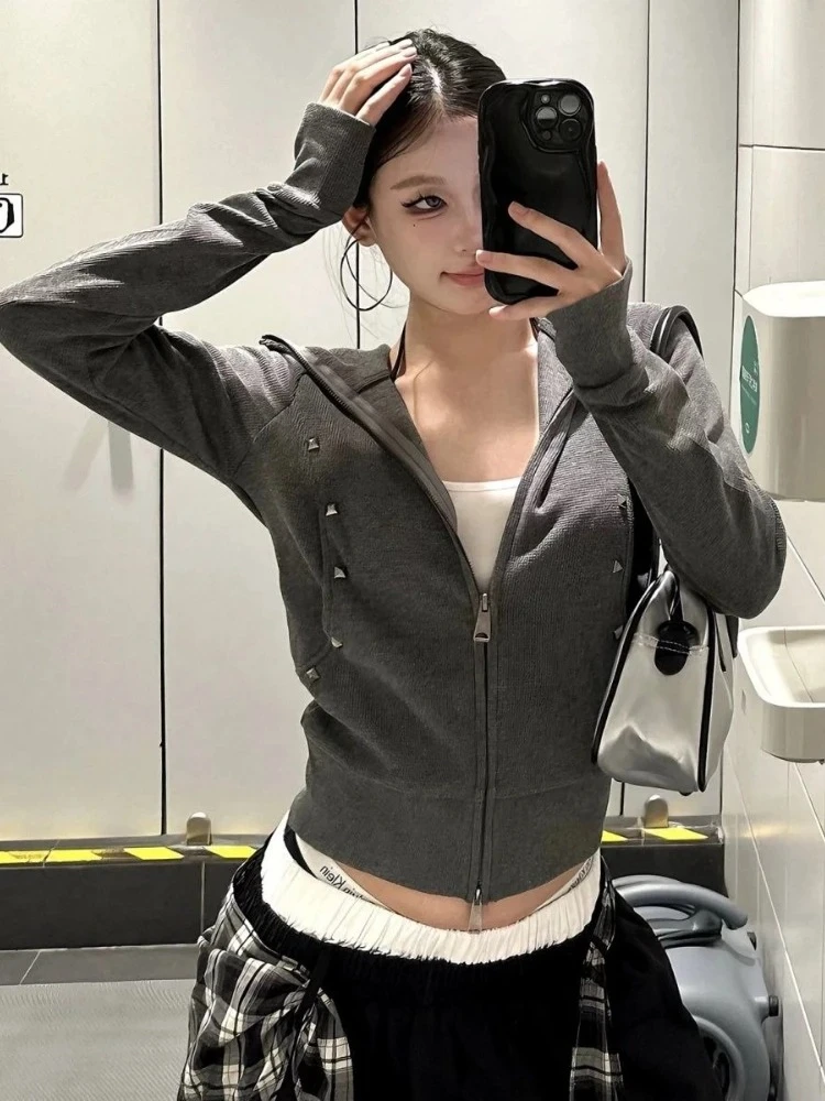 Deeptown Vintage Gray Zip Up Hoodies Women Harajuku Gothic Hip Hop Sweatshirts American Retro Punk Black Streetwear Hoodies