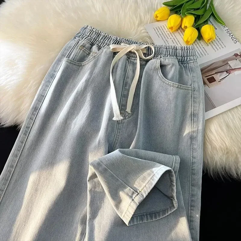 Spring Autumn S-5xl Preppy Style High Waist Drawstring Straight Pants Woman Solid Color Loose Denim Trousers Korean Baggy Jeans