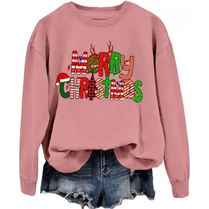 Happy Christmas sweatshirt women's casual long sleeve round neck hoodie