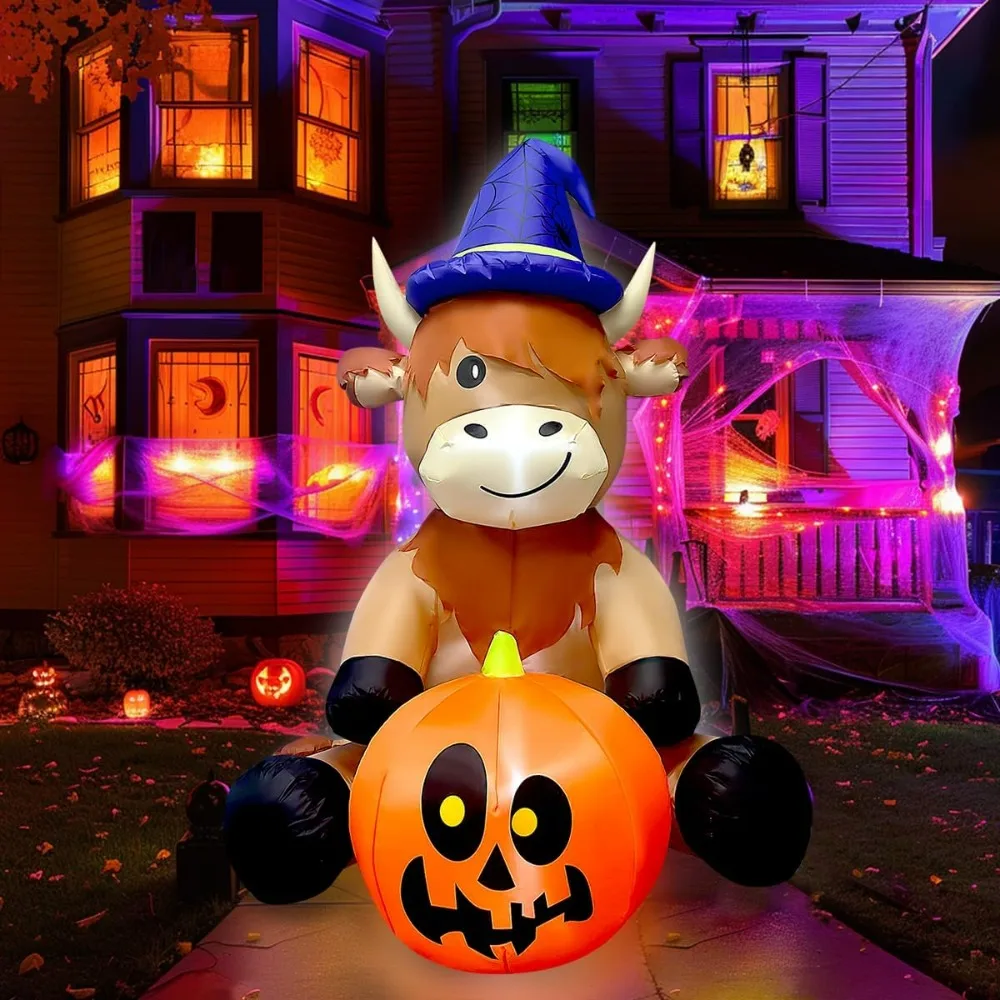 

Halloween Inflatable Witch Hat Highland Cow Holding Pumpkin Decorations Built-in LED Lighted Blow Up Decoration Home Yard