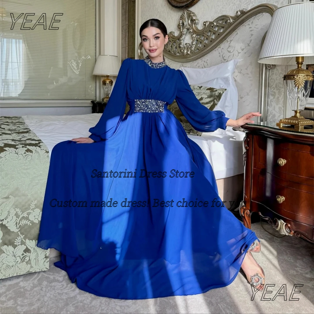 

Santorini Customized High Collar Prom Party Dresses Bead Long Sleeves Evening Dress Ruched Chiffon платье вечернее