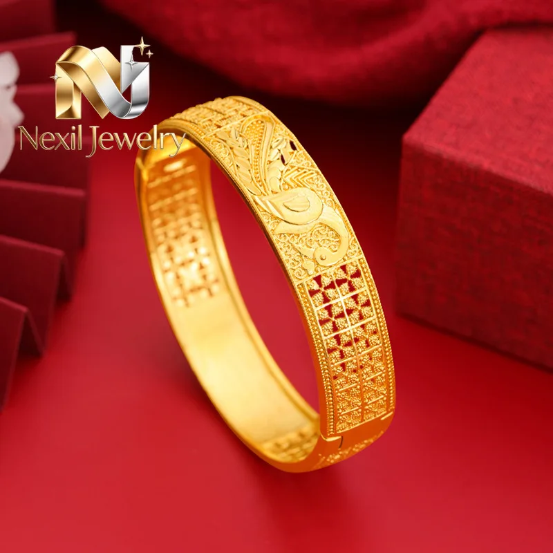 Nexil Jewelry  Luxury 24K 9999 Pure Gold real gold Women's Hollow Carved Bracelet Peacock Pattern Buckle Bracelet