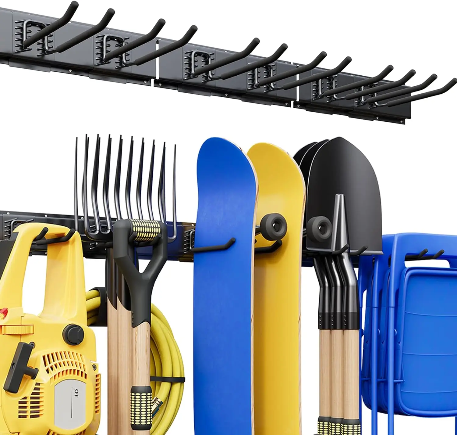 

Прочный настенный органайзер для гаража 48 дюймов с регулируемыми крючками, вместимость 400 фунтов, антикоррозийное хранилище садовых инструментов для двора и сарая