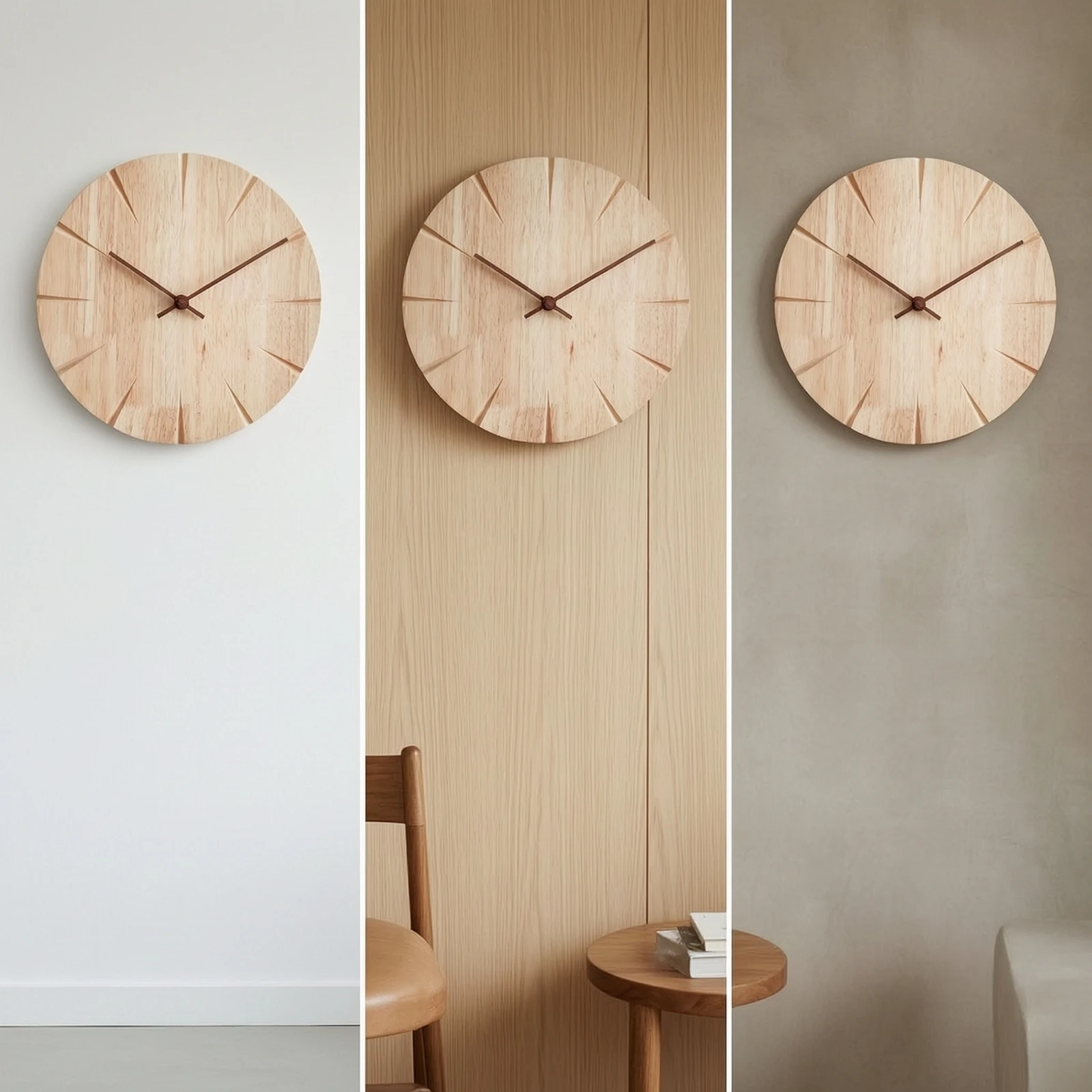 Wooden Wall Clock No-Drill Round Wall Clock 12-Inch 30cm for Renters, Living Room, Bedroom