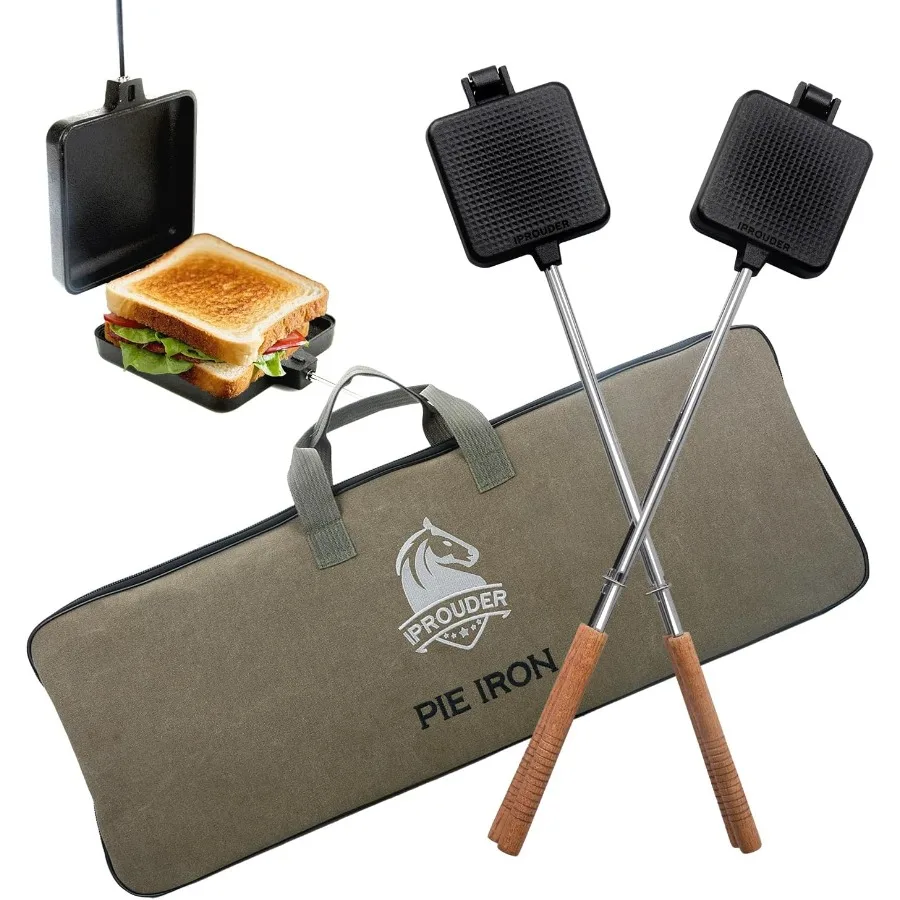 

Campfire Pie Iron 4.9 Large Cast Iron Sandwich Maker for Camping 2 Pcs with Storage Bag - 21.7 Inch Adjustable Handles - Essent
