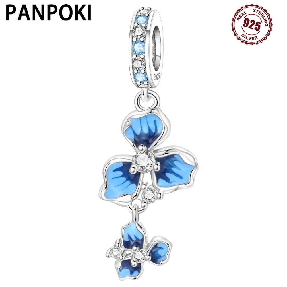 

PANPOKI 925 Sterling Silver Blue Iris Flower Pendants Original Bracelet Charms Jewelry Party Beads DIY Trendy Gifts