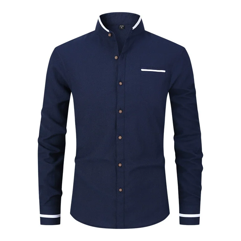 Nowa moda Patchwork Koszule z długim rękawem Mężczyźni Stójka Slim Fit Bluzki Wysokiej jakości Wiosna Jesień Męska Koszula Sukienka — zdjęcie 4