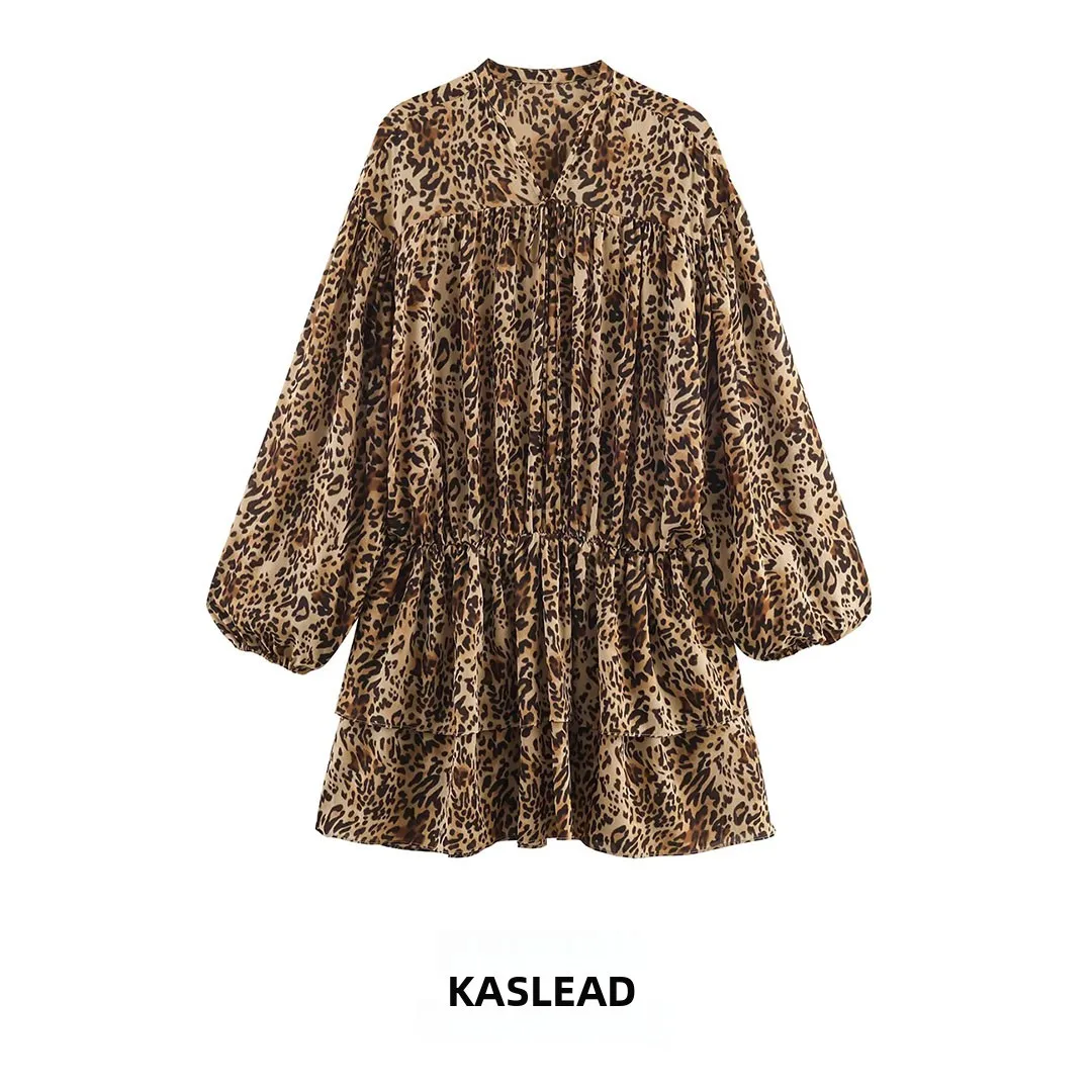 KASLEAD Faion Animal Print em camadas decorativas Dr feminino Ele Long Sve Fairy Saia Sle Ci Commute Dr