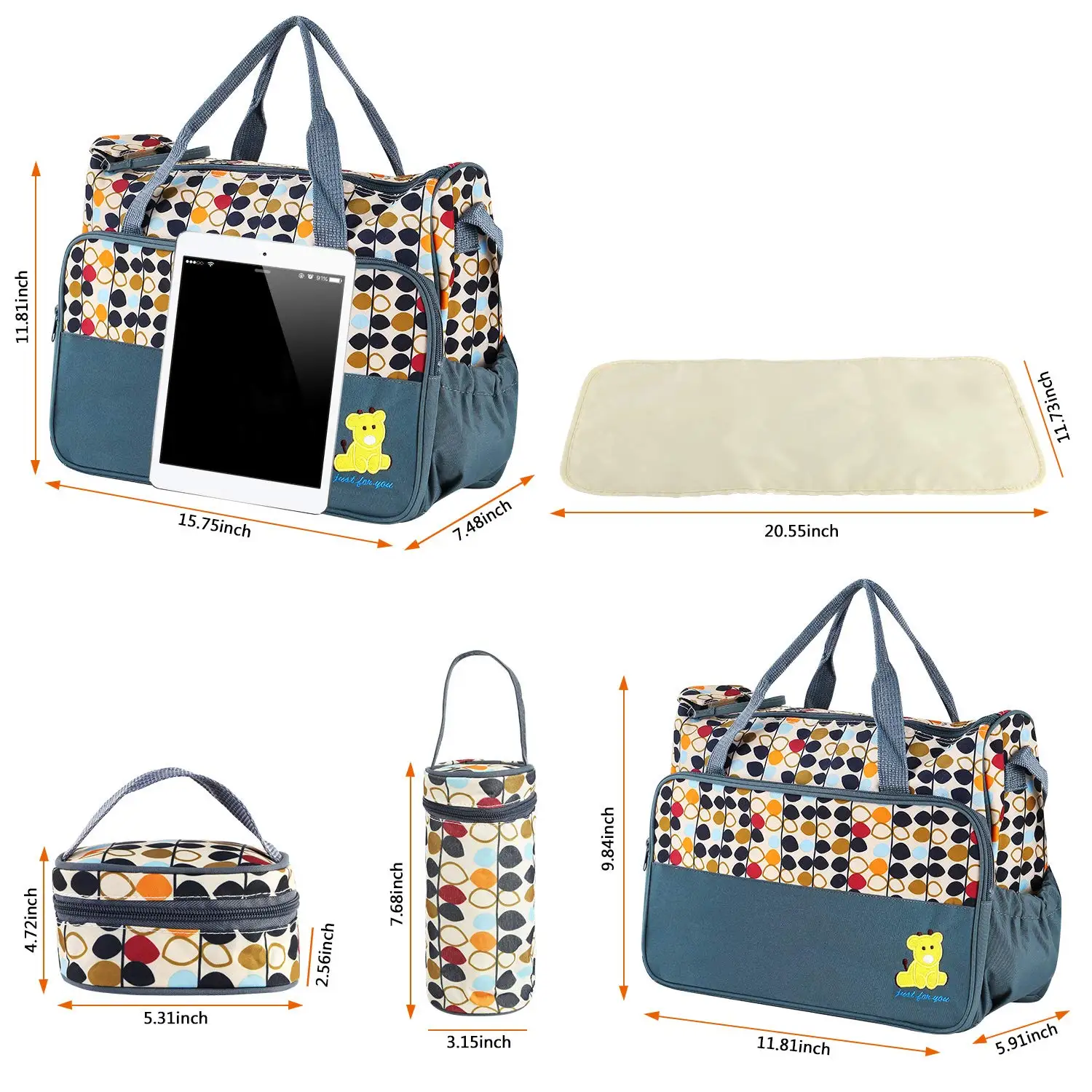 Fralda Bag Tote Set para a mãe, sacos do bebê, cinza, 5pcs