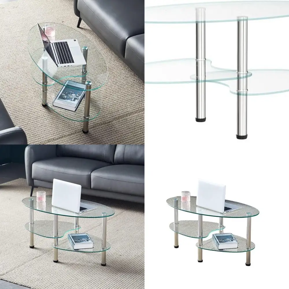 

Contemporary 3-Tier Clear Glass Oval Coffee Table for Office and Living Room