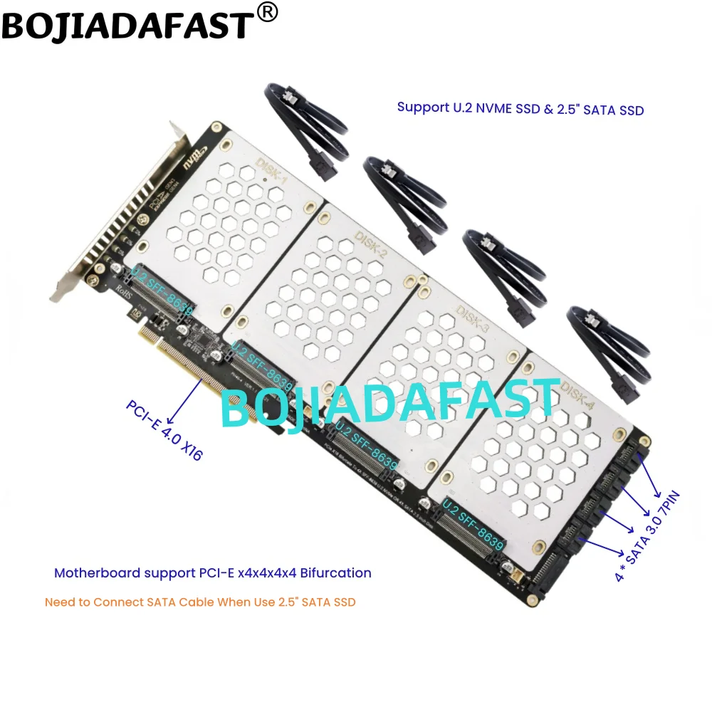 

PCI-E 4.0 16X PCI Express X16 To 4 * U.2 SFF-8639 U2 NVME & 2.5" SATA SSD Adapter Card - Motherboard Support PCIe Bifurcation