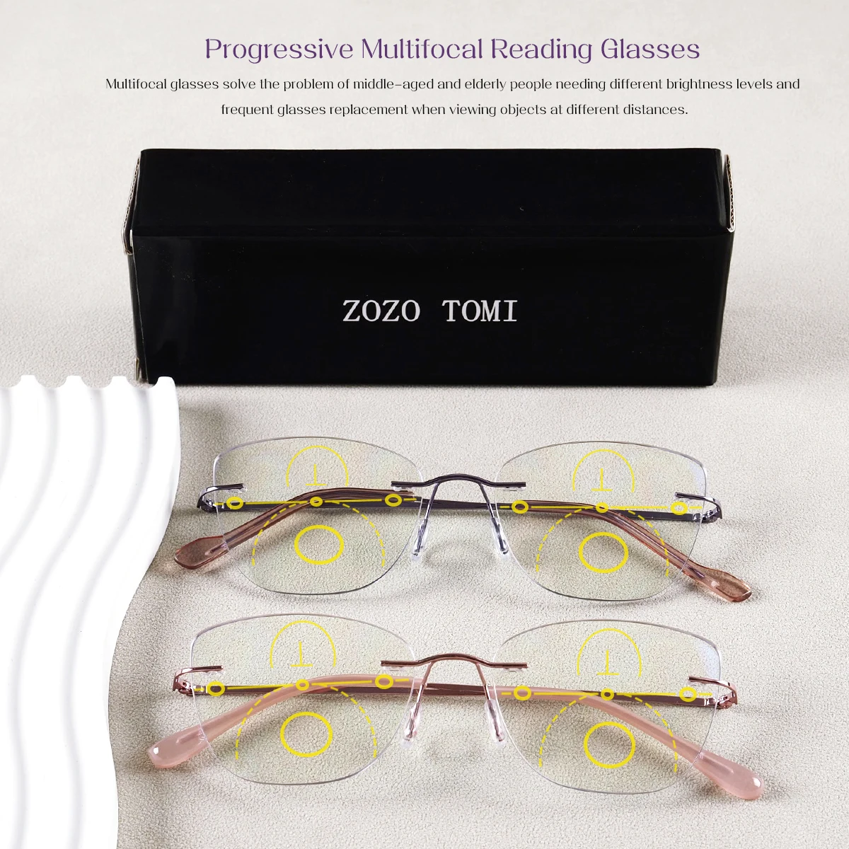 

Progressive Multifocal Reading Glasses, Fashionable Cat Eye Rimless, Lightweight to Wear, Clear Vision.