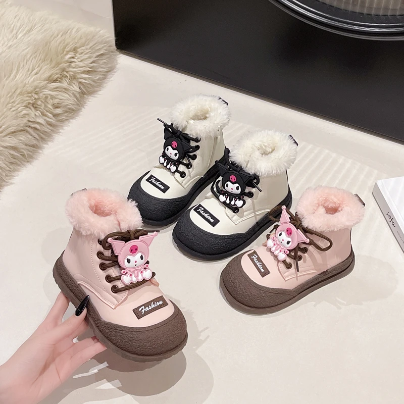 

Fashion Girls Winter Boots for Princess Warmth Furry Kids Snow Boots with Kuromi Cute Cartoon Children Causal Ankle Plush Boots