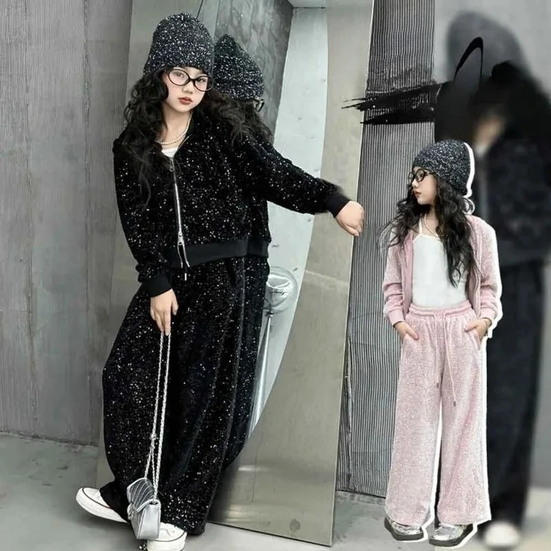 

Комплекты одежды с блестками для маленьких девочек, детская куртка + брюки, костюмы из 2 предметов, спортивный костюм для подростков, весна 2023 года, детская одежда для детей от 4 до 14 лет