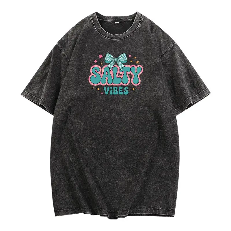 

Vintage - Inspired Washed T - Shirt with "Salty Vibes" Graphic and Bow Detail