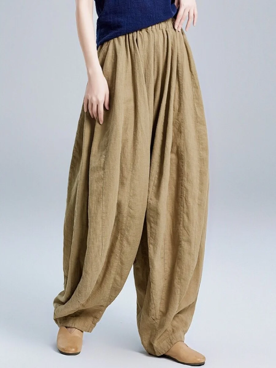 المرأة صيف 2025 جديد ريترو القنب فانوس السراويل فضفاضة واسعة الساق اليقطين السراويل القطن الكتان مريحة بناطيل كاجوال #4