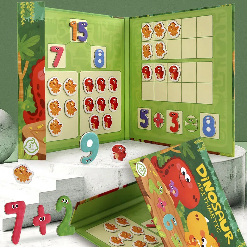 Crianças montessori jogos dinossauro magnético aritmético livro matemática adição subtração decomposição brinquedos matemáticos educativos