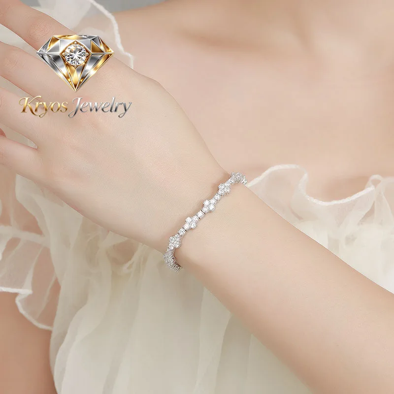 

Kryos Jewelry Luxury Solid Platinum PT950 Women's 3MM Moissanite Diamond Cross Bracelet Full Diamond Bracelet