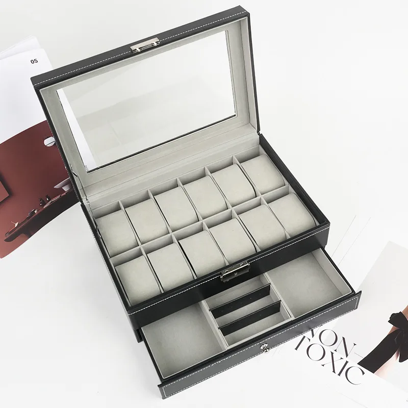 Large-Capacity Pu Leather Watch Case Glass Display Watch Storage Drawer-Type Partition Removable Jewelry Storage Box