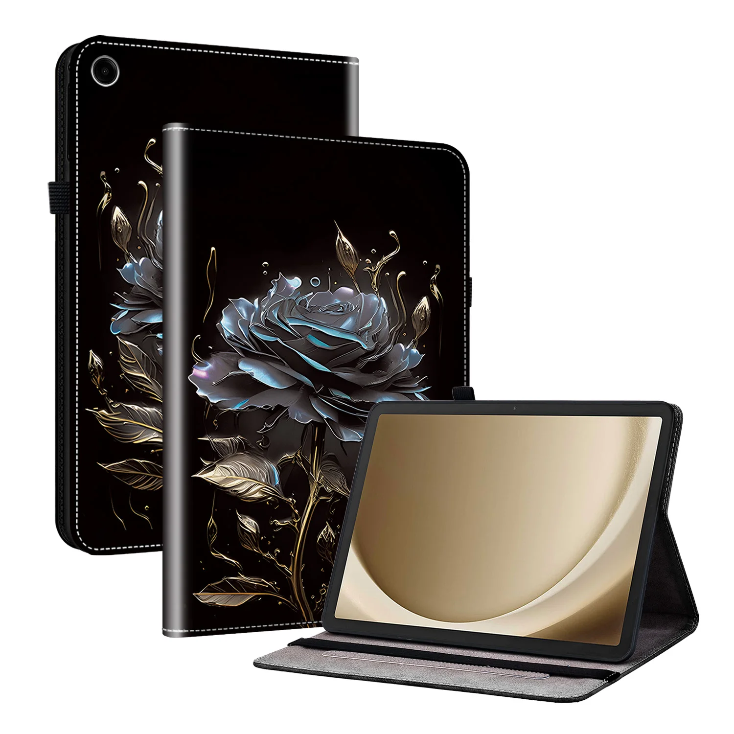 

Для Samsung Galaxy Tab A11+ Кожаный чехол с рисунком и подставкой для планшета с отделениями для карт - Черная роза