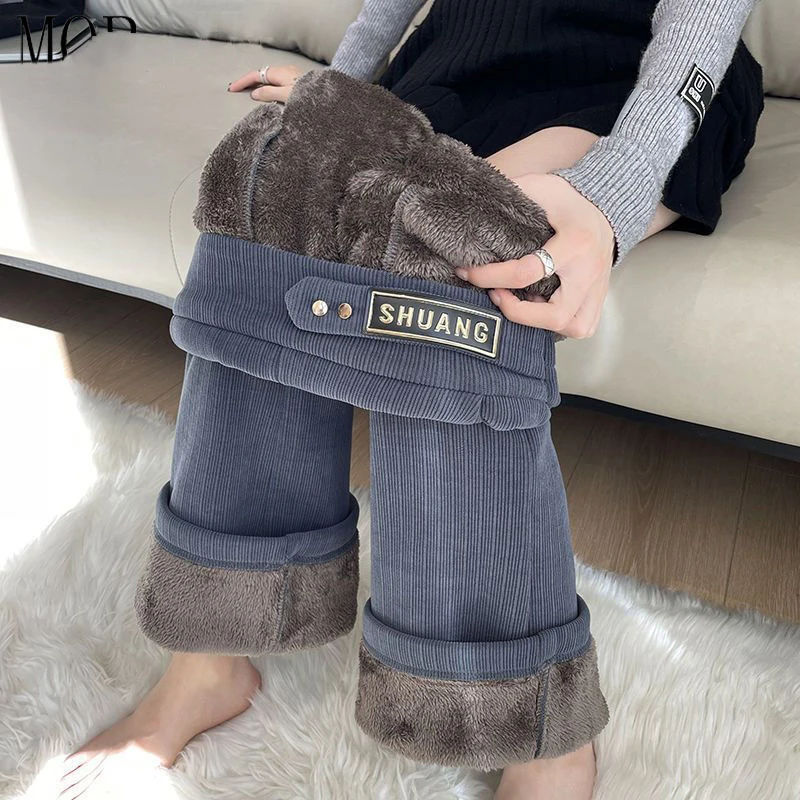 

Женские утепленные брюки с высокой талией, прямые, слегка расклешенные, на флисовой подкладке, из овечьего вельвета, для осени и зимы, повседневные