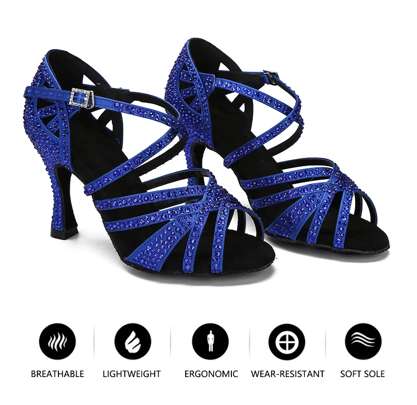 CINMIDY Blaue Latein-Tanzschuhe für Damen Tango Rumba Ballsaal Tanzschuhe mit Strass für Damen Rote Hochzeitsschuhe Walzer Tanzschuhe mit Absatz – Detail 3