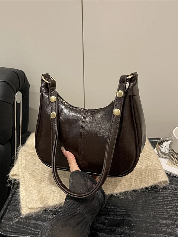 Fashionable Pure Color Large Capacity Retro Crossbody Bag Women's Armpit Shoulder Bag Casual Daily Use Soft Leather Handbag