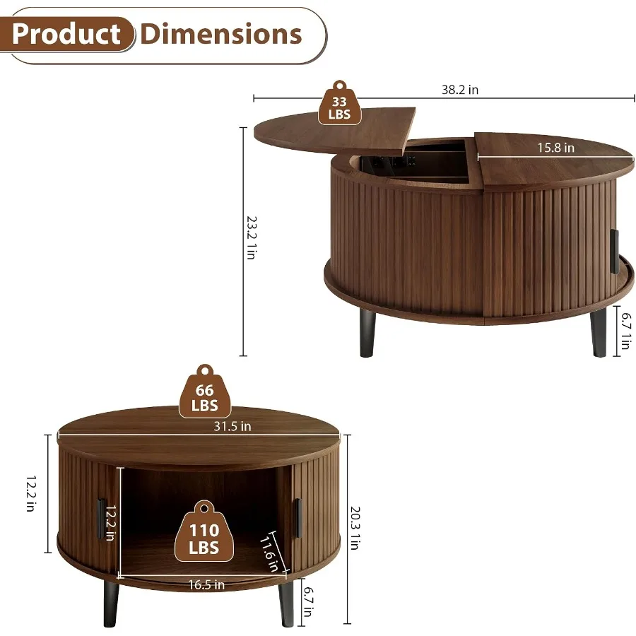 31.5 Fluted Round Lift Top Coffee Table with Storage for Living Room, Walnut Wood, Warm Brown, Smooth Hydraulic Lift Hidden Com