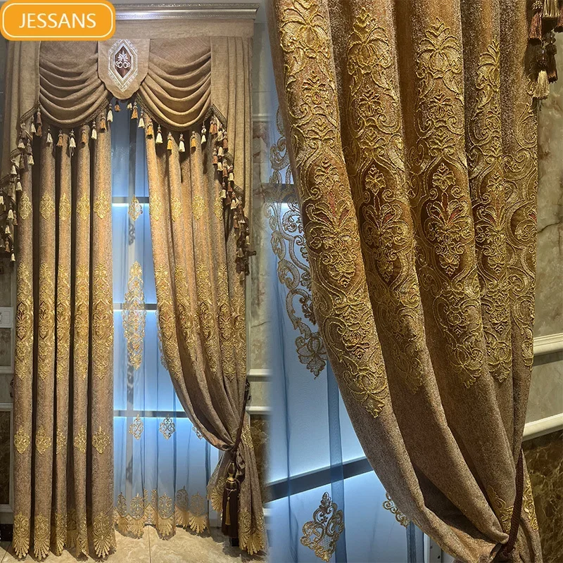 Golden Coffee Color European Embroidery Chenille Thickened Blackout Curtains for Living Room Bedroom French Window Customized