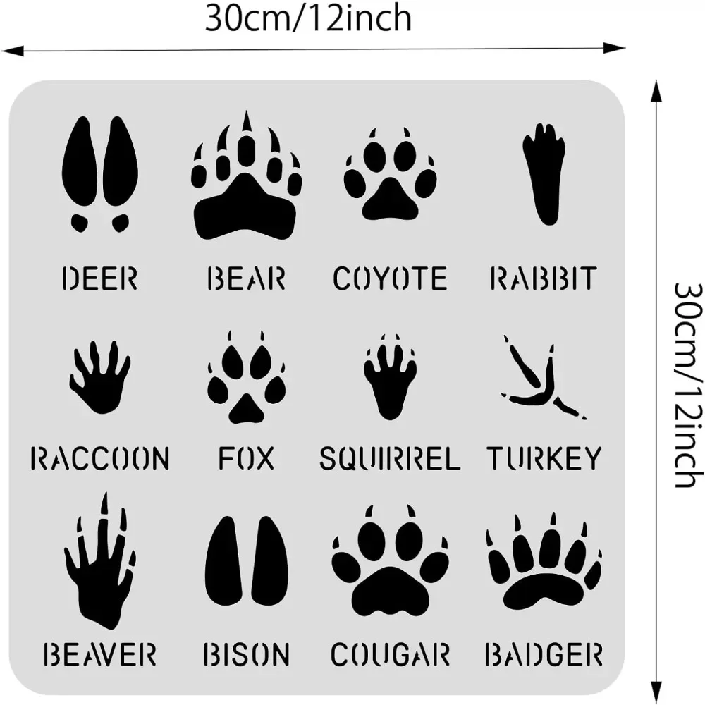 12 Type Animal Footprint Paw Stencils, 12x12