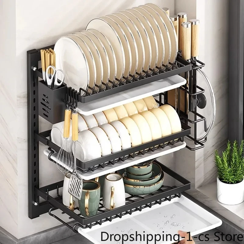 

2/3 Layer Kitchen Dish Rack Wall Mounted Multifunctional Storage Rack Wall Modern Cupboard No Drilling No Damage Wall