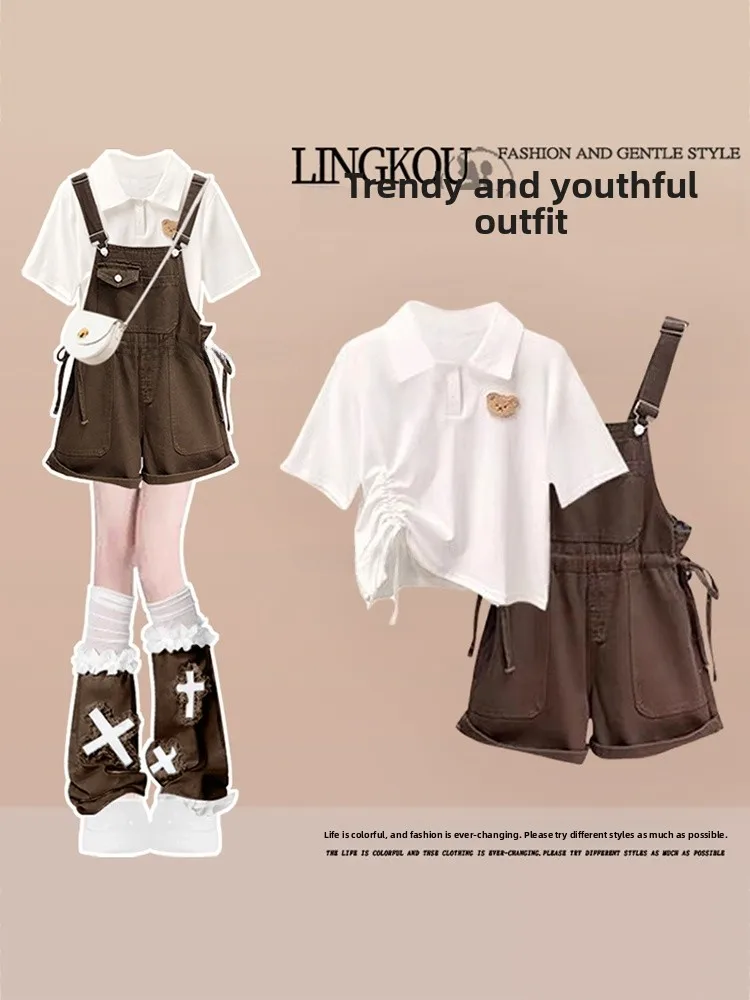 

Summer Large Size College Style Set Women's Drawstring Short Neck T-Shirt Retro Denim Overalls Two-Piece Suit