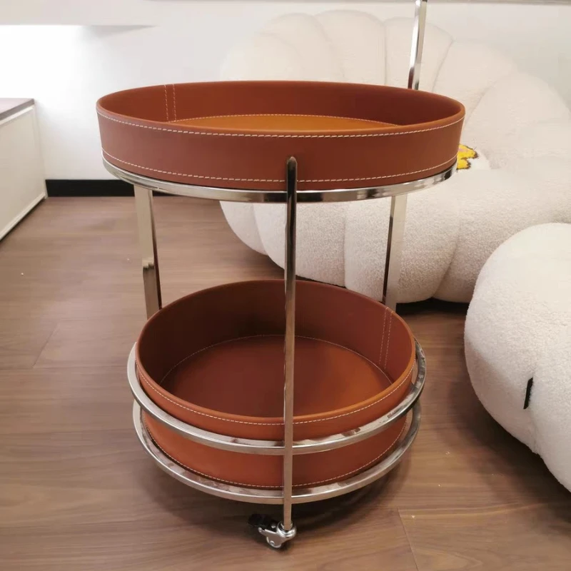 2026 New Light Luxury Sofa Side Table Movable Hotel Room Saddle Leather Trolley Home Bedroom Storage Bedside Small Coffee Table