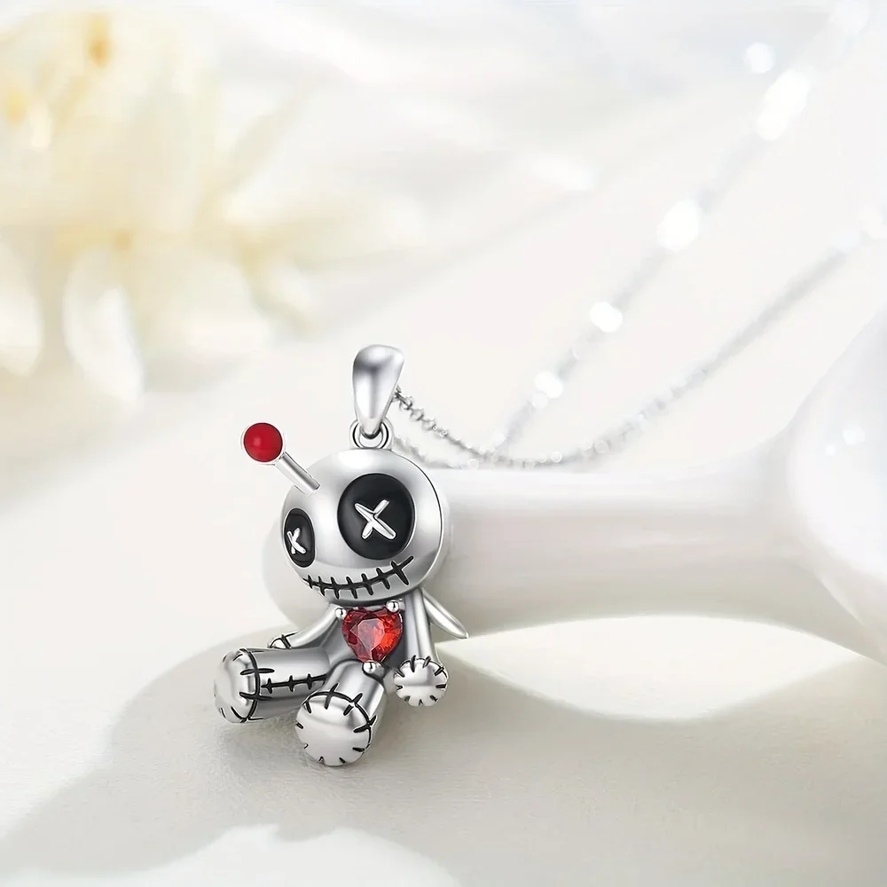 Creative Funny Voodoo Doll Red Heart Pendant Necklace for Women, Trendy Punk Cartoon Girl Holiday Decoration Accessories, Luxuri