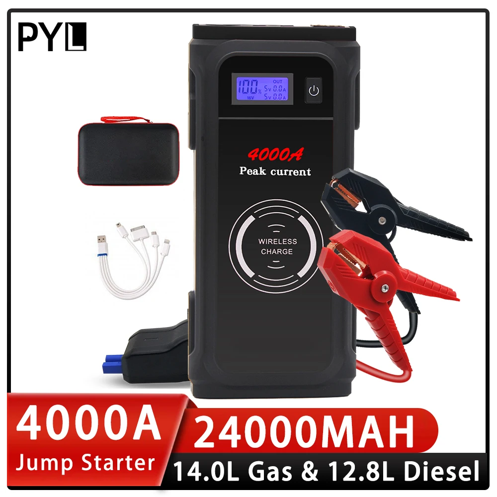 Portable 4000A Car Jump Starter Power Bank 24000mAh Emeygency Vehicle Tools 12V Car Starter Device with Wireless Charging