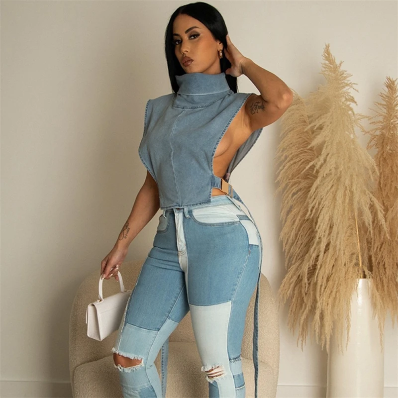 Washed Jeans Vest Women Crop Tops 2023 New Pile Collar Side Split Buckle Slim Casual Tank Female Sexy Streetwear Tees