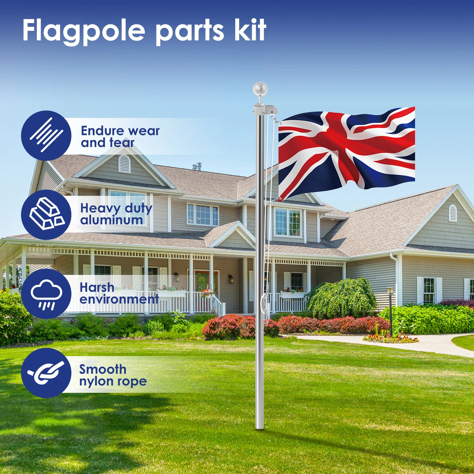 40 Ft Flagpole Repair Kit with Nylon Rope Adjustable Waterproof Heavy Duty Aluminum Flag Parts Repair for Garden Outdoor 1/2 kit