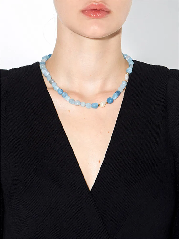 2022 New original Aquamarine natural stone pearl necklace simple design exquisite personality female necklace