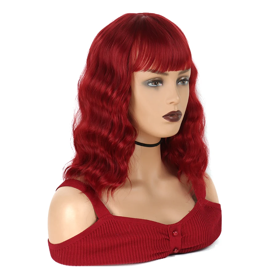 المرأة الاصطناعية قصيرة الأحمر مجعد موجة المياه شعر مستعار للسيدة البيضاء تأثيري ملابس الحفلات ارتفاع درجة الحرارة الألياف #3