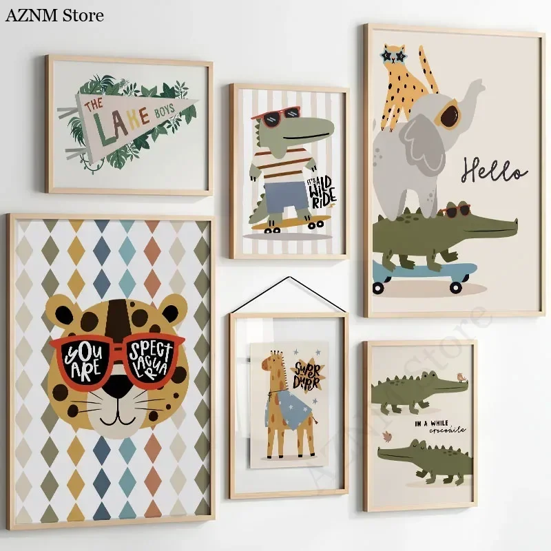 Tiger, Elefant, Giraffe, Krokodil, Tiere, Poster, Leinwand, Gemälde, Kinderzimmer, Wandkunst, Pfosten und Drucke, Bilder, Kinderzimmer, Deko