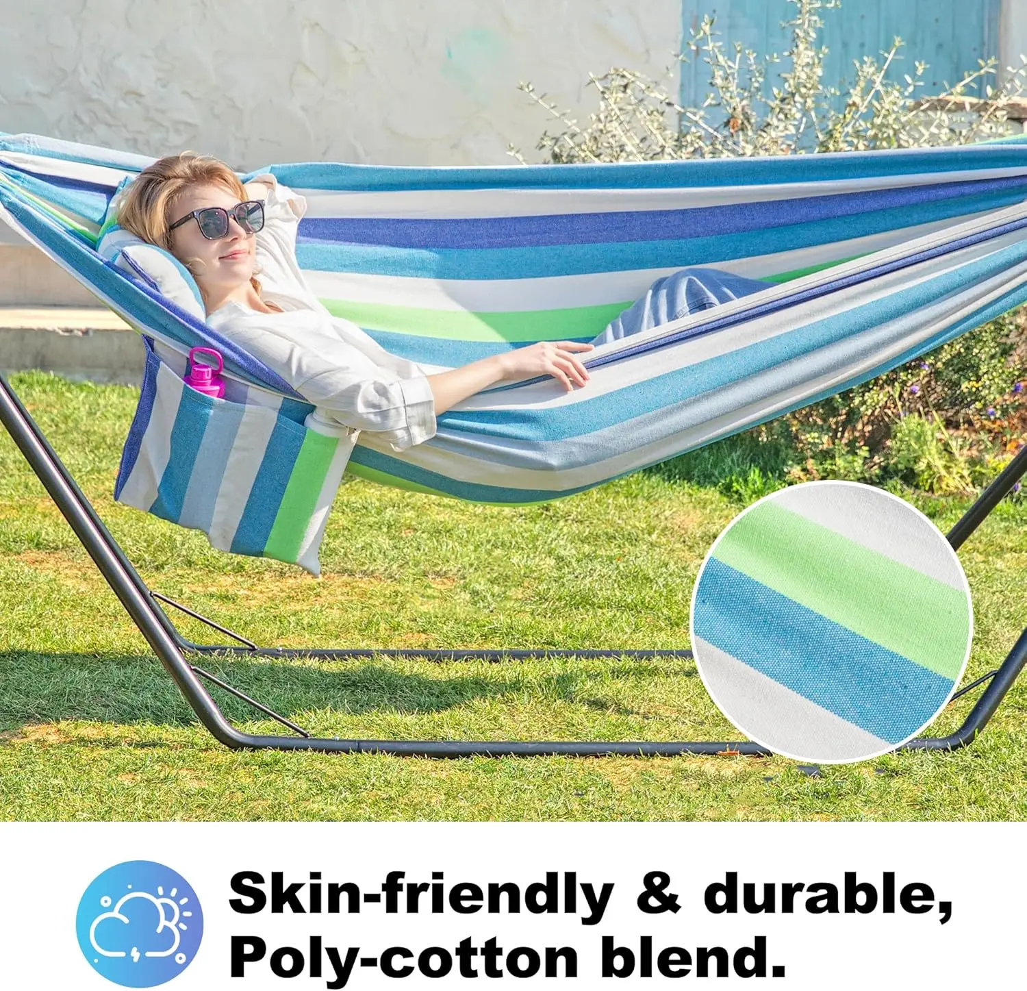 Double Hammock with Stand for Outside, Stable V-Shape Space Saving Steel Stand 2 Person, Comfortable Pillow